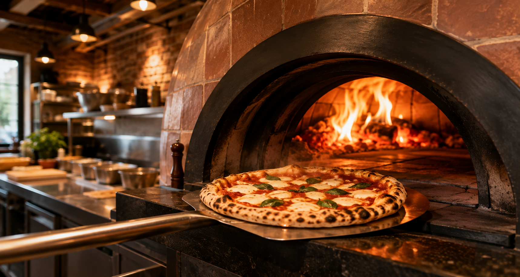 Stenugn med vedeldad pizza i restaurangkök